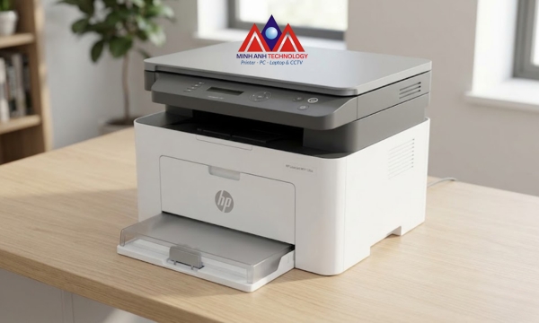Máy in HP Laser MFP 136A 4ZB85A đặt trên bàn văn phòng nhìn góc 3/4 thấy rõ khay giấy và nắp scan